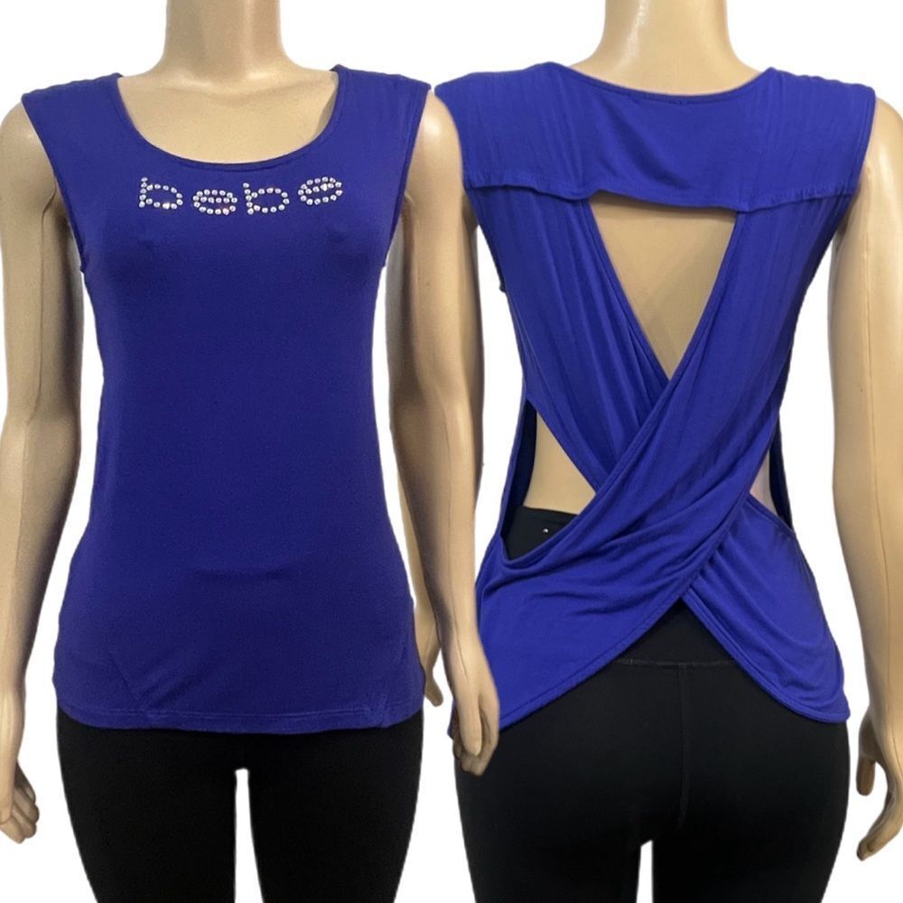 Bebe new Rhinestone Bebe logo tank top sexy open back purple good condition XS
